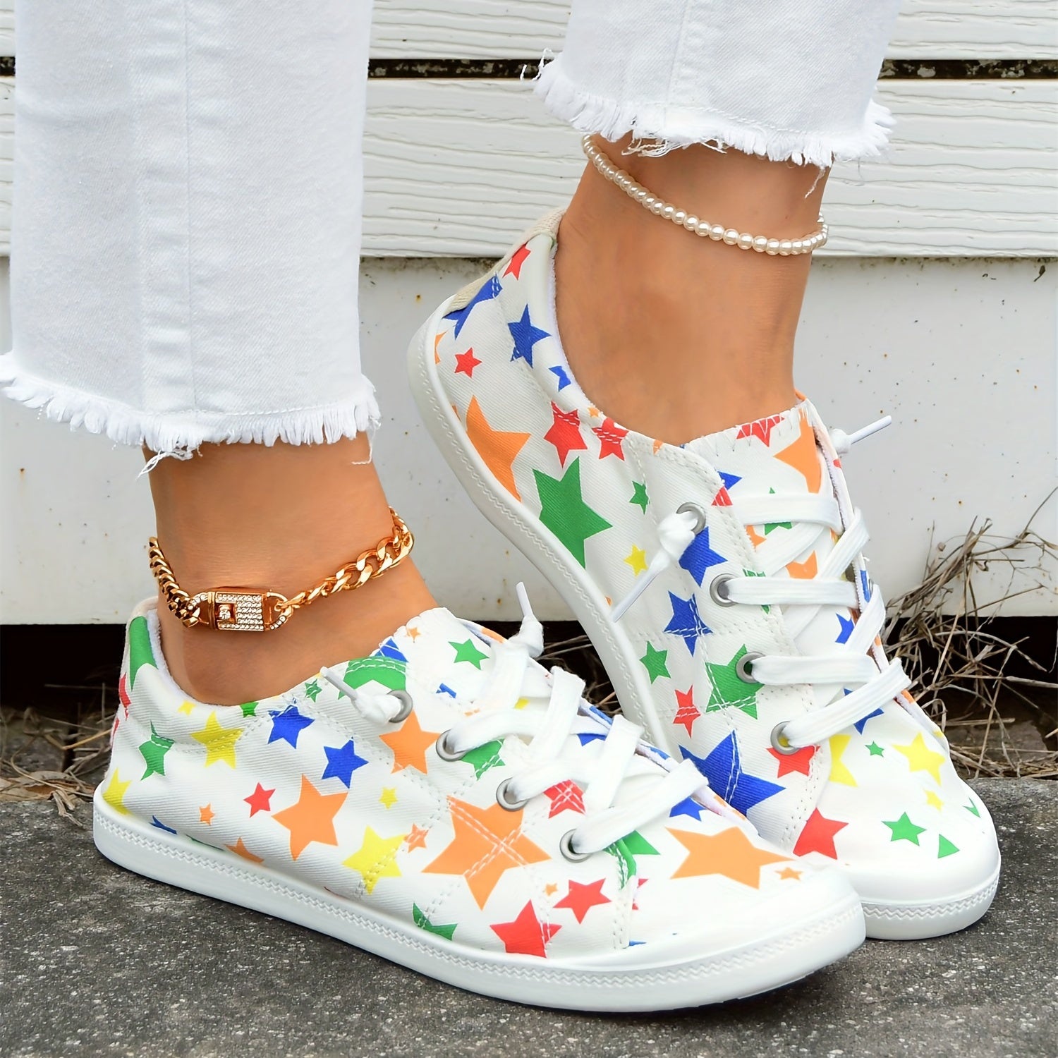 Women's Star Printed Canvas Shoes Colorful Lace Up Low Top Flat Shoes