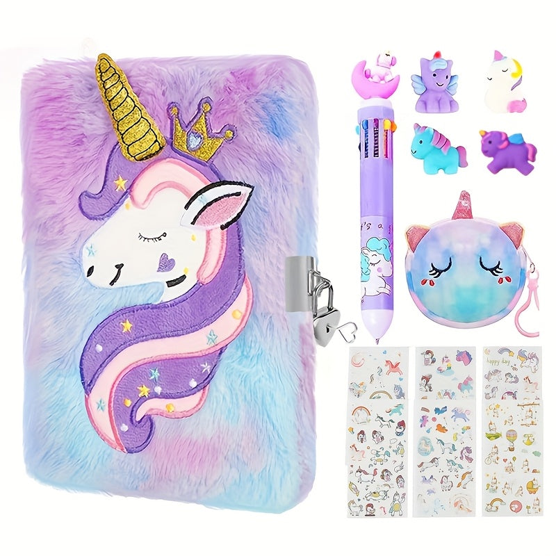 Unicorn Plush Notebook with Heart Lock & Key