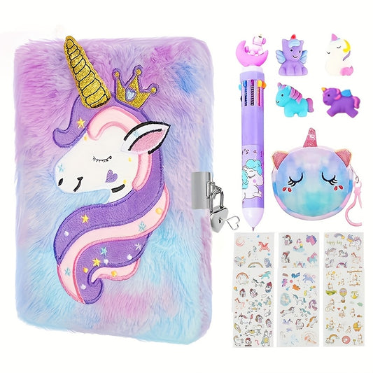 Unicorn Plush Notebook with Heart Lock & Key