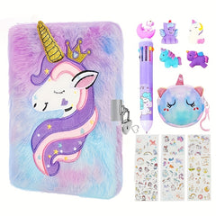 Unicorn Plush Notebook with Heart Lock & Key