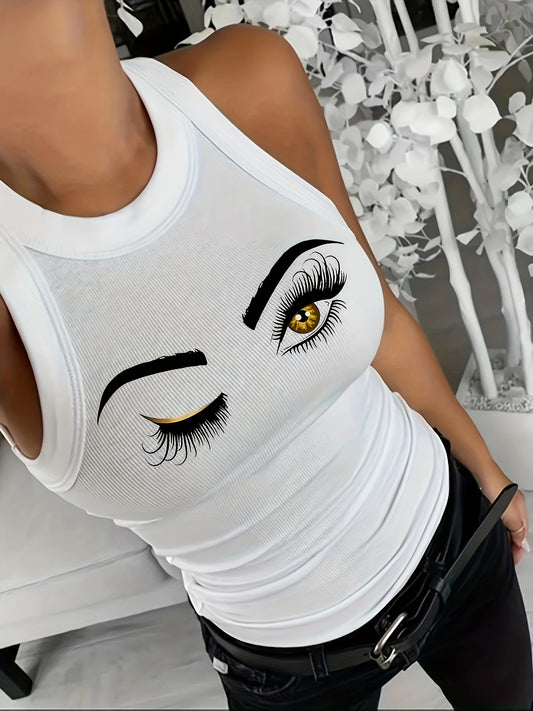 Eye Print Ribbed Tank Top Sleeveless Summer Casual Top