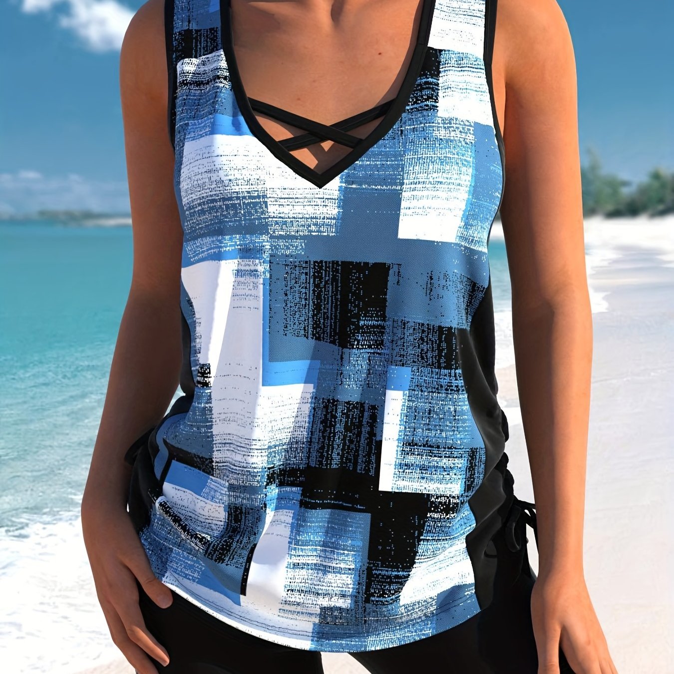  Patchwork Print Criss Cross Tankini Set