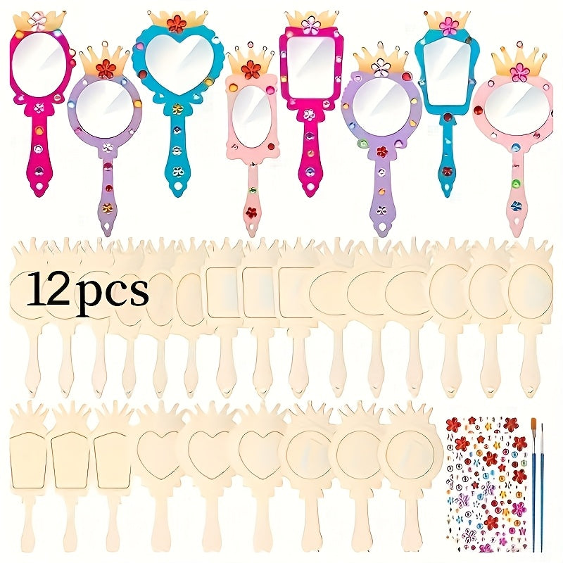 12pcs Wooden Mirrors Craft Set - Paintable Handheld Art Mirror
