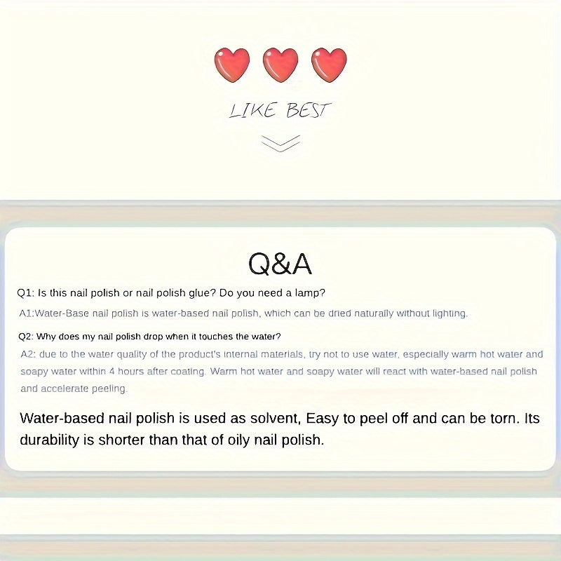 Quick Dry Peel Off Nail Polish 12ml Long Lasting Water Based Formula