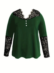  Solid Lace Long Sleeve V Neck Knit Top