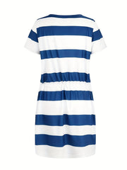 Striped V Neck Belt Casual Dress Women