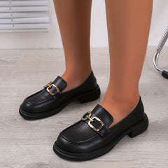 Metal Decor Chunky Heel Loafers Faux Leather Shoes