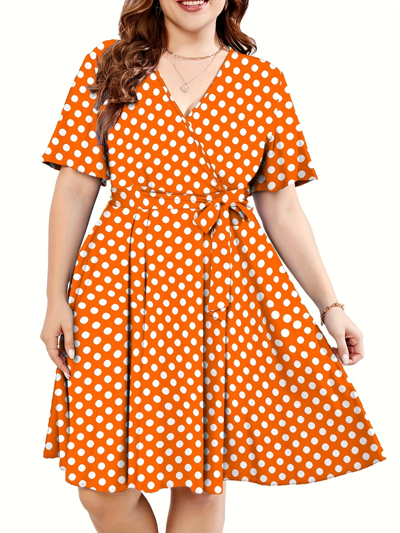  Polka Dot Print Short Sleeve V Neck Dress With Belt