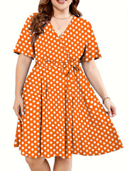 Polka Dot Print Short Sleeve V Neck Dress With Belt