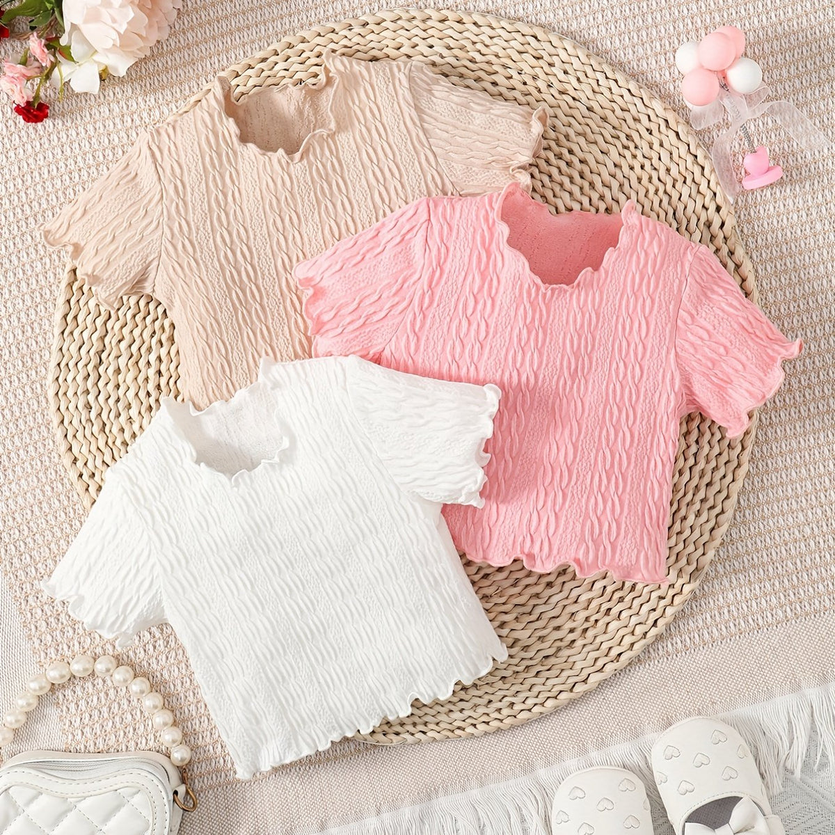 Baby Girl's Ruffle Trim All-match T-shirt 3pcs Crew Neck Tops