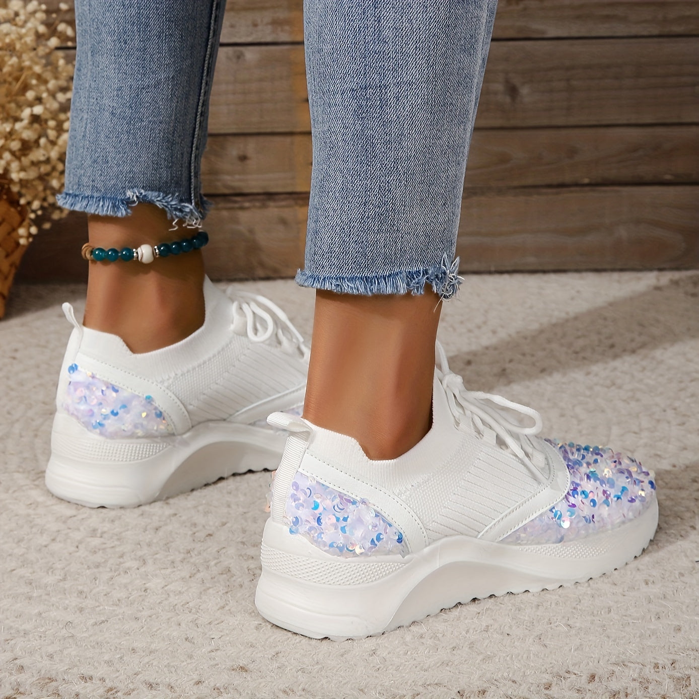 Glitter Sequins Lace Up Sneakers Platform Shoes Lightweight Running Shoes