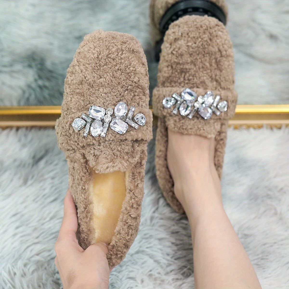 Women's Plush Lined Rhinestone Flats Square Toe Slip On Shoes