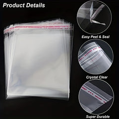 50pcs Transparent Self-sealing Cellophane Bags, Various Large Sizes, Resealable