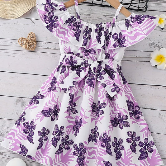 Toddler Girls Ruffle Trim Cold Shoulder Flower Graphic Princess Dress