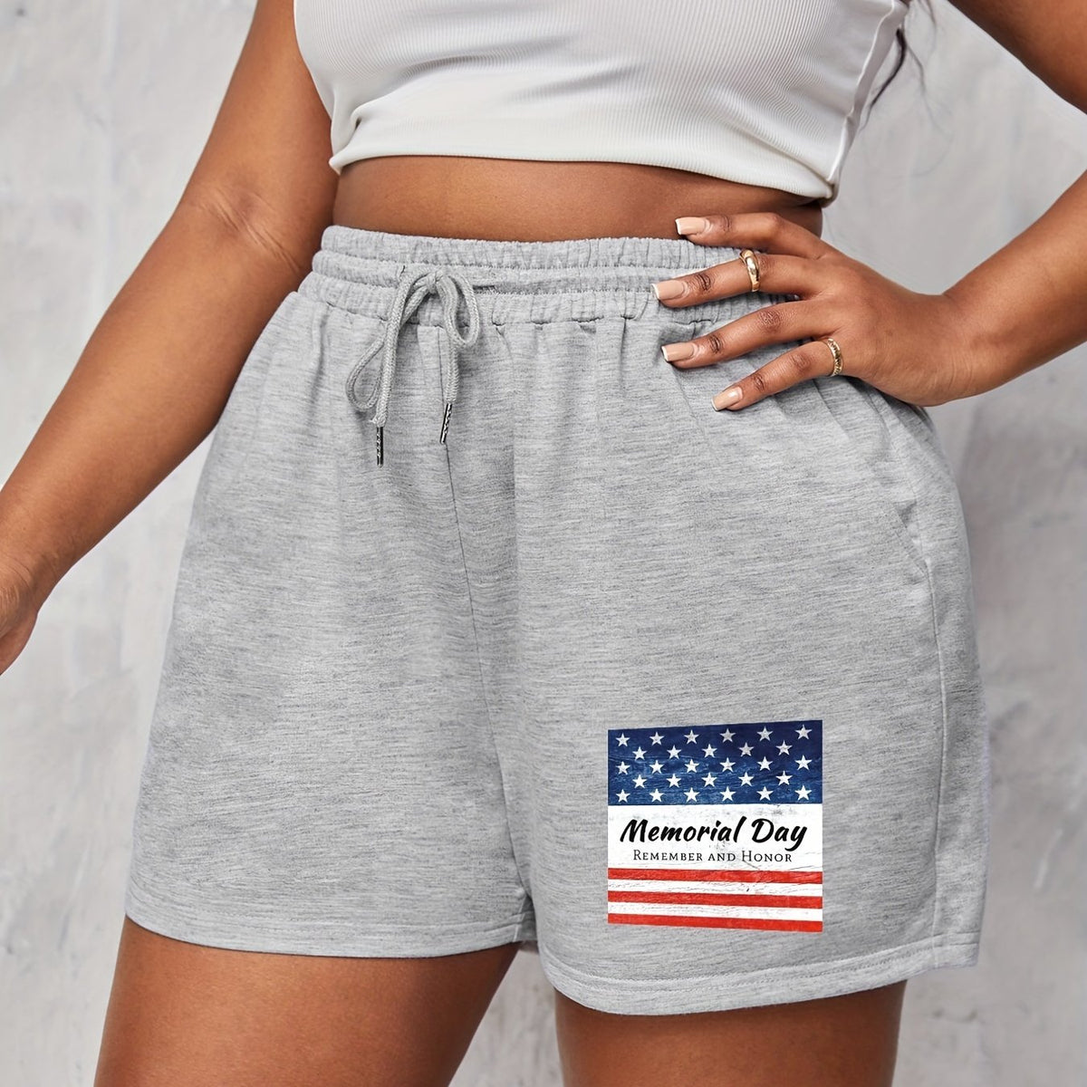  Flag Print Drawstring Shorts Women's Memorial Casual Slight Stretch