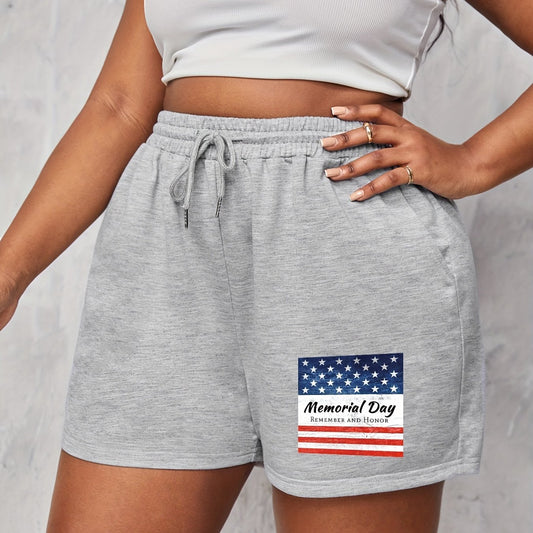  Flag Print Drawstring Shorts Women's Memorial Casual Slight Stretch