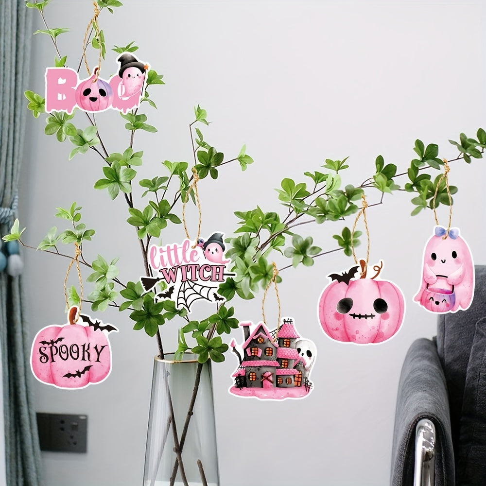6 Pink Halloween Wooden Tree Ornaments Castle Ghost Pumpkin Wall Decor