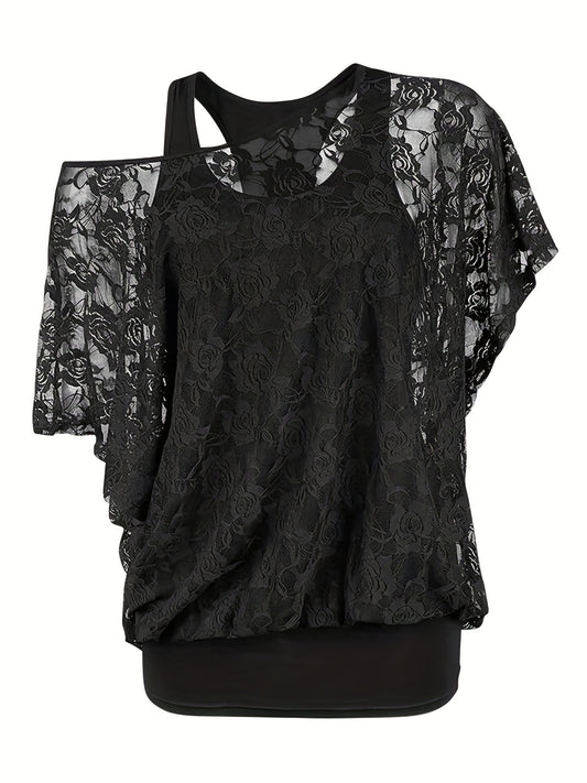 Lace Ruffle Trim Blouse & Tank Top Set Women's Clothing