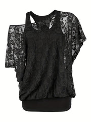Lace Ruffle Trim Blouse & Tank Top Set Women's Clothing