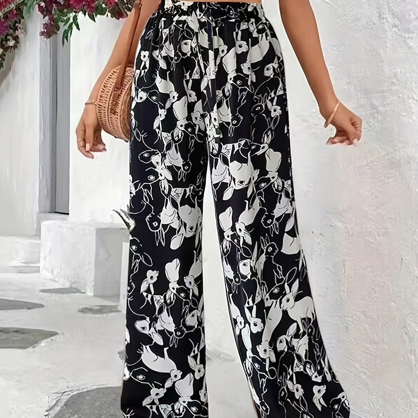  Colorblock Rabbit Print Drawstring Wide Leg Pants