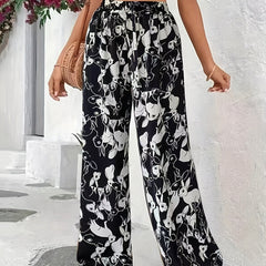  Colorblock Rabbit Print Drawstring Wide Leg Pants