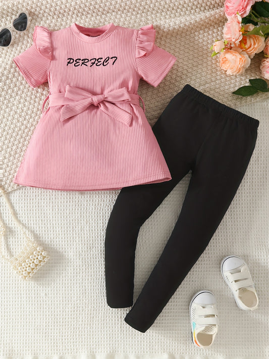 2pcs Girls Letter Embroidery Ruffle Trim Peplum Set Summer Clothes