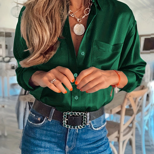  Solid Satin Button Up Long Sleeve Blouse