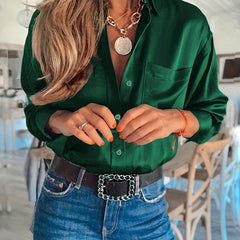  Solid Satin Button Up Long Sleeve Blouse