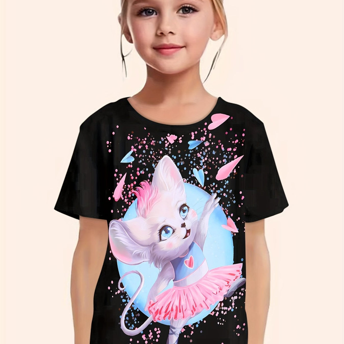 Sweet Animal Princess Graphic Short Sleeve T shirt Girls Pullover Tops
