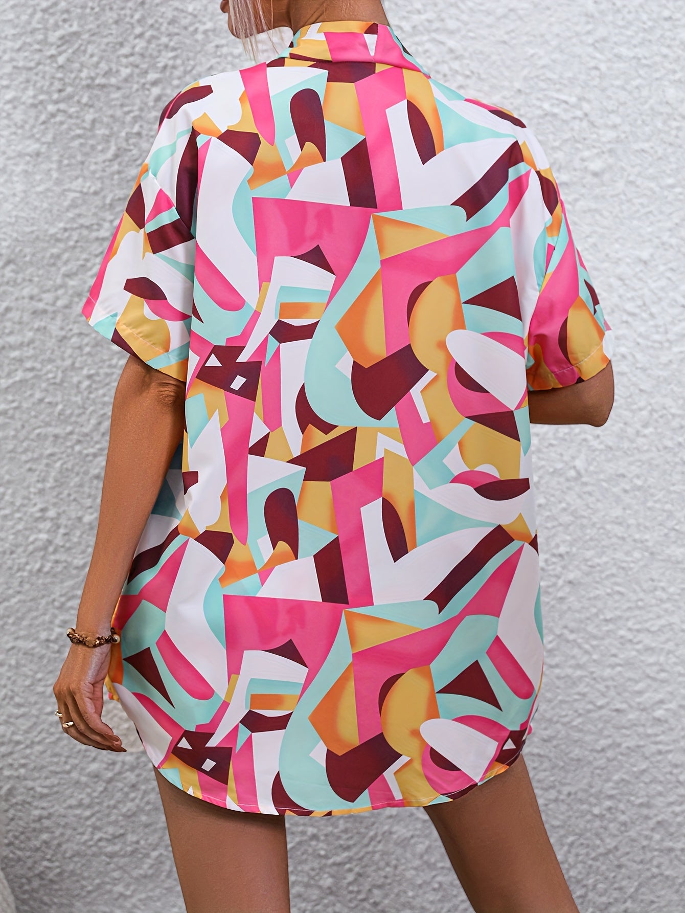 Geo Print Two Piece Set Short Sleeve Open Front Tops & Shorts Outfits