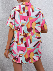Geo Print Two Piece Set Short Sleeve Open Front Tops & Shorts Outfits