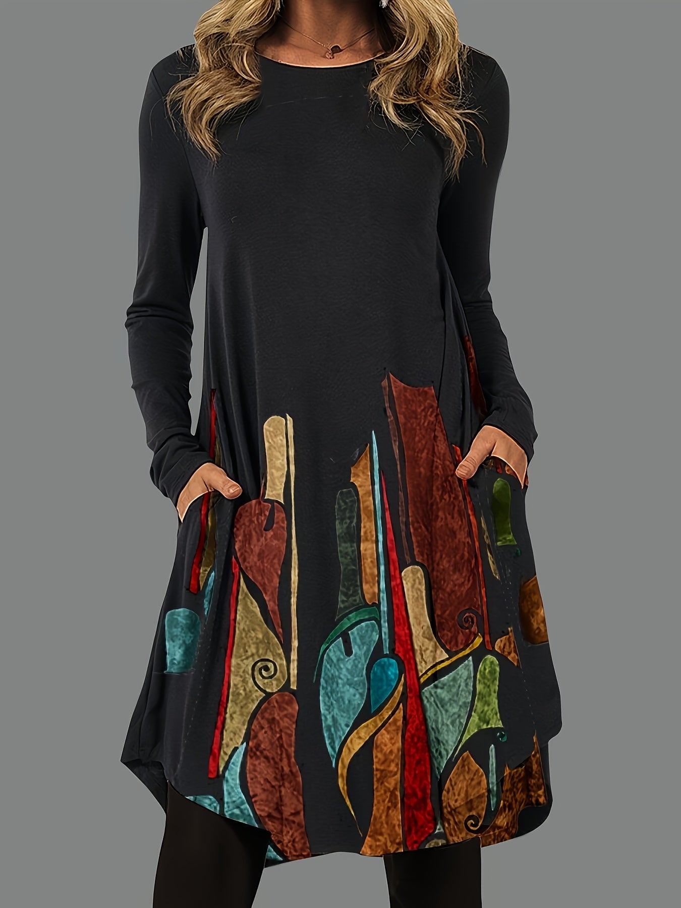  Graphic Print Long Sleeve Round Neck Dress With Pockets