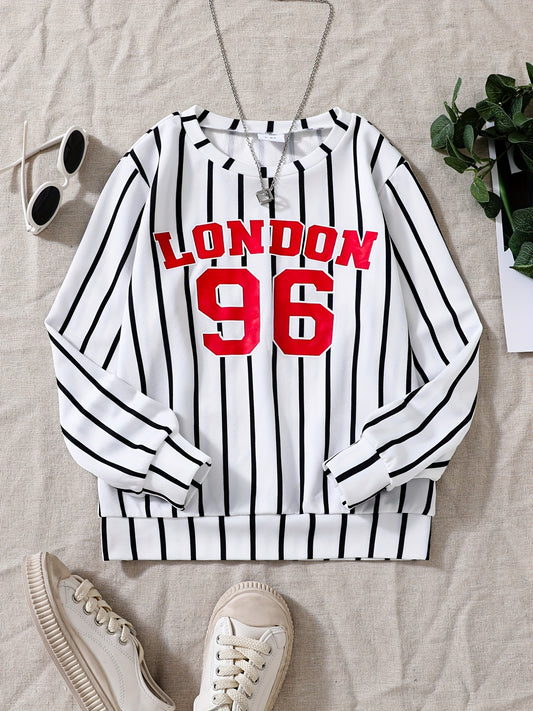 Girls Striped Team Number Crew Neck Sweatshirt For Sports Casual Outfit