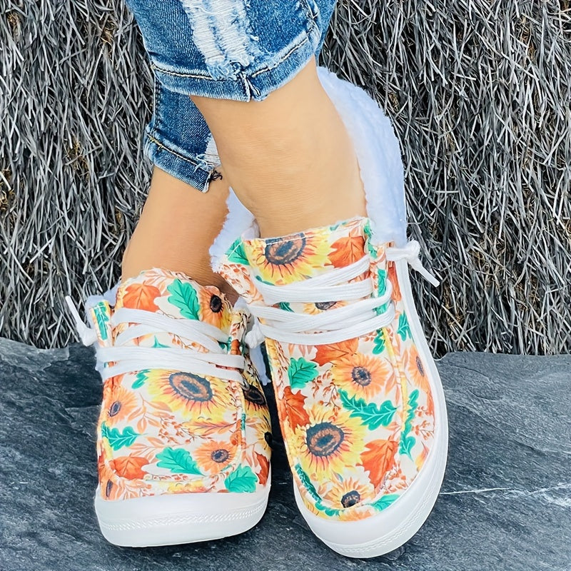 Women's Winter Sunflower Floral Pattern Warm Sneakers Ankle Boots