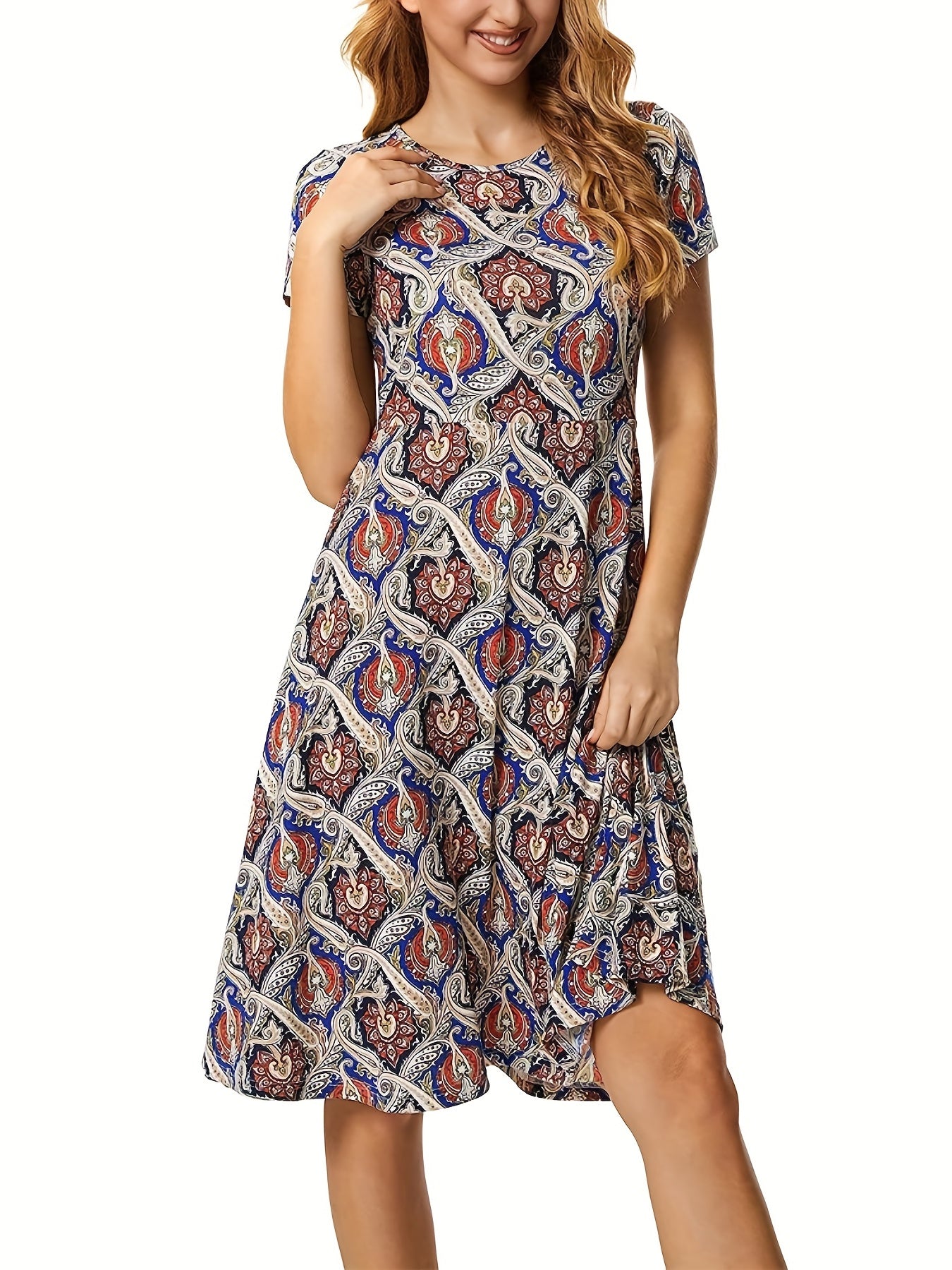 Paisley Print Dress Casual Short Sleeve Summer Dress
