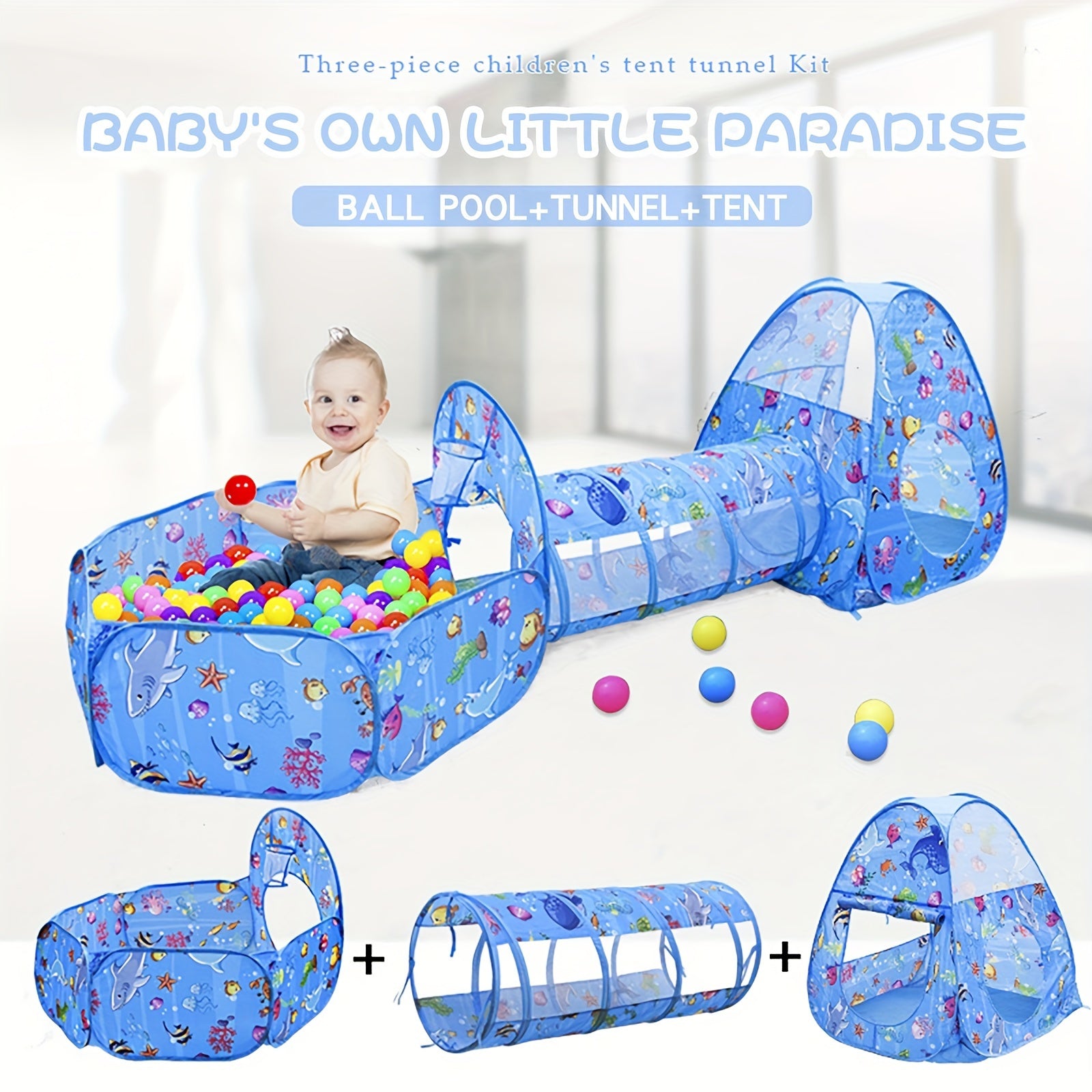 Kids Cartoon Ocean 3-in-1 Tent Game House Indoor Baby Foldable Tent Toy House