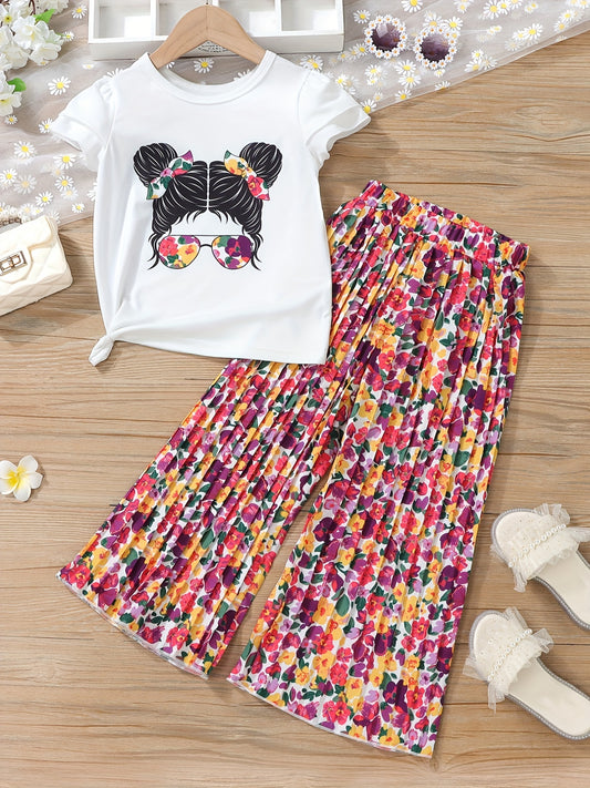 Girl Portrait Pattern T shirt & Polka Dot Pants Set For Holiday