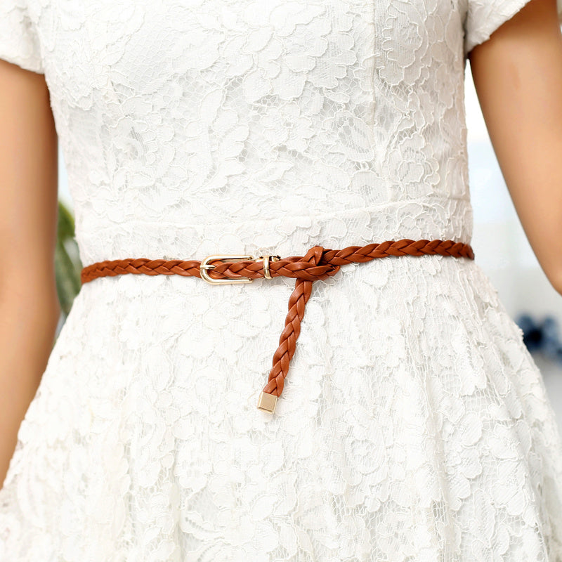 Thin Rope Belt Women's Hand-knit PU Leather Belt