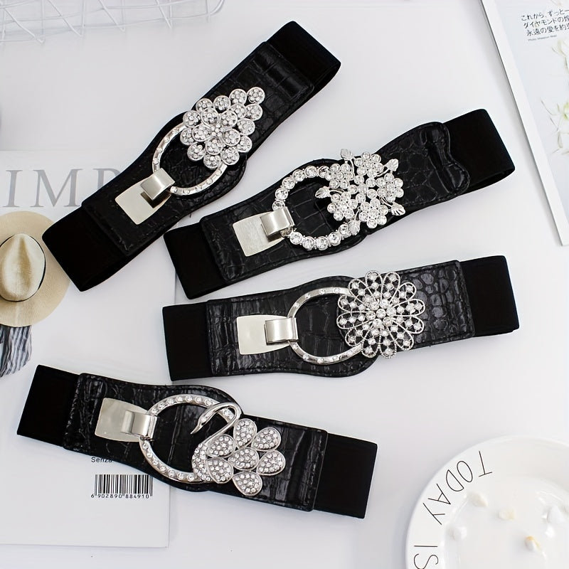Elastic Wide Waistband Rhinestone Buckle Girdle Corset Belt
