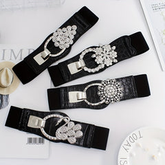 Elastic Wide Waistband Rhinestone Buckle Girdle Corset Belt