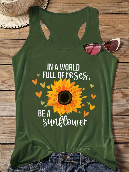  Sunflower Print Round Neck Vest Top