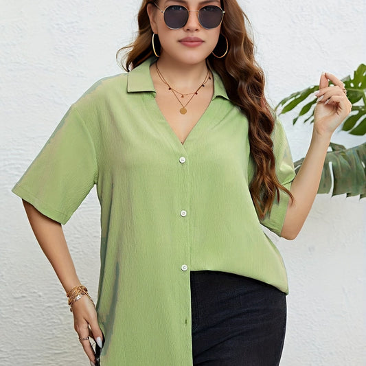  Casual Blouse Solid Button Up Short Sleeve V Neck Blouse