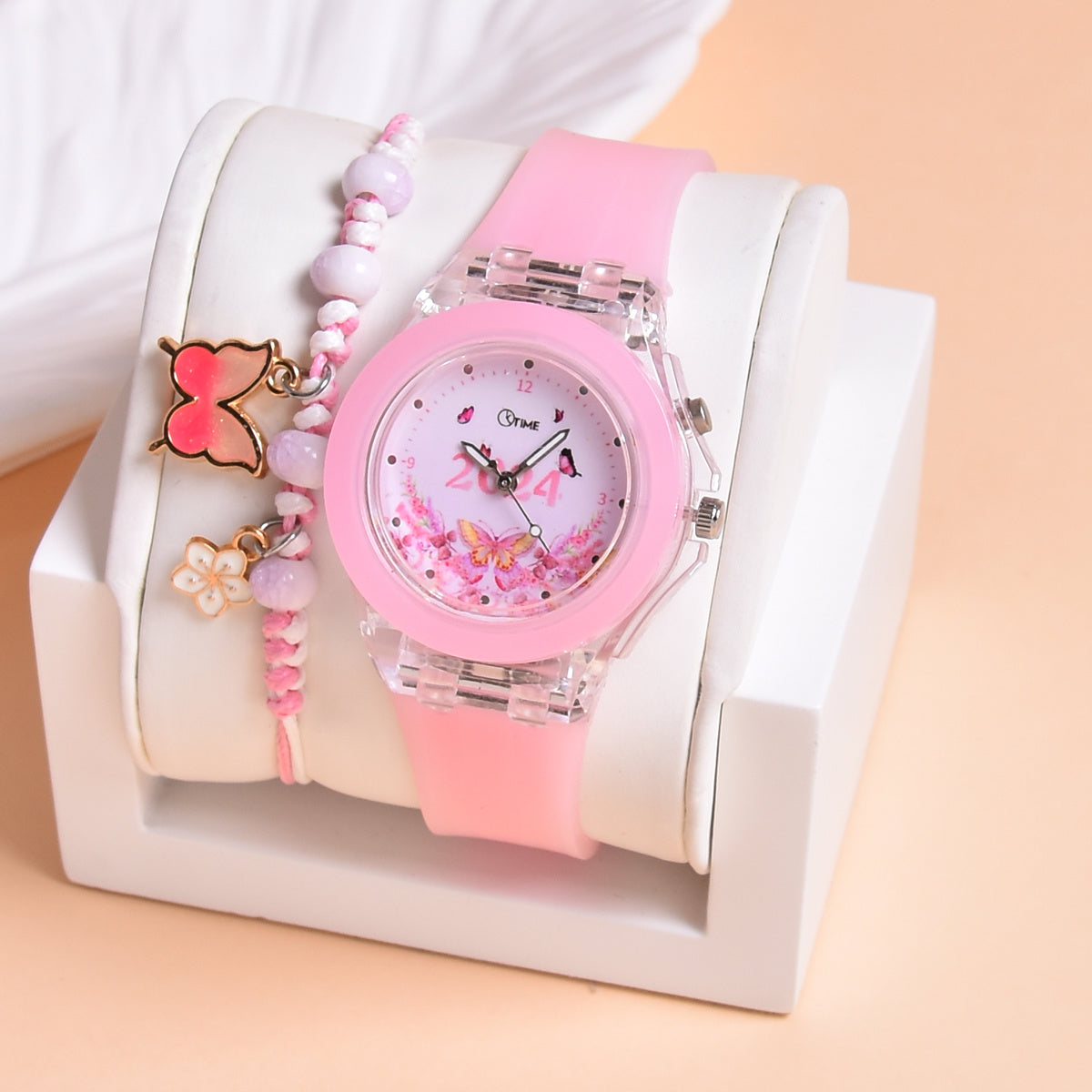 2pcs Girls' Butterfly Watches Set Silica Gel Strap & Plastic Case