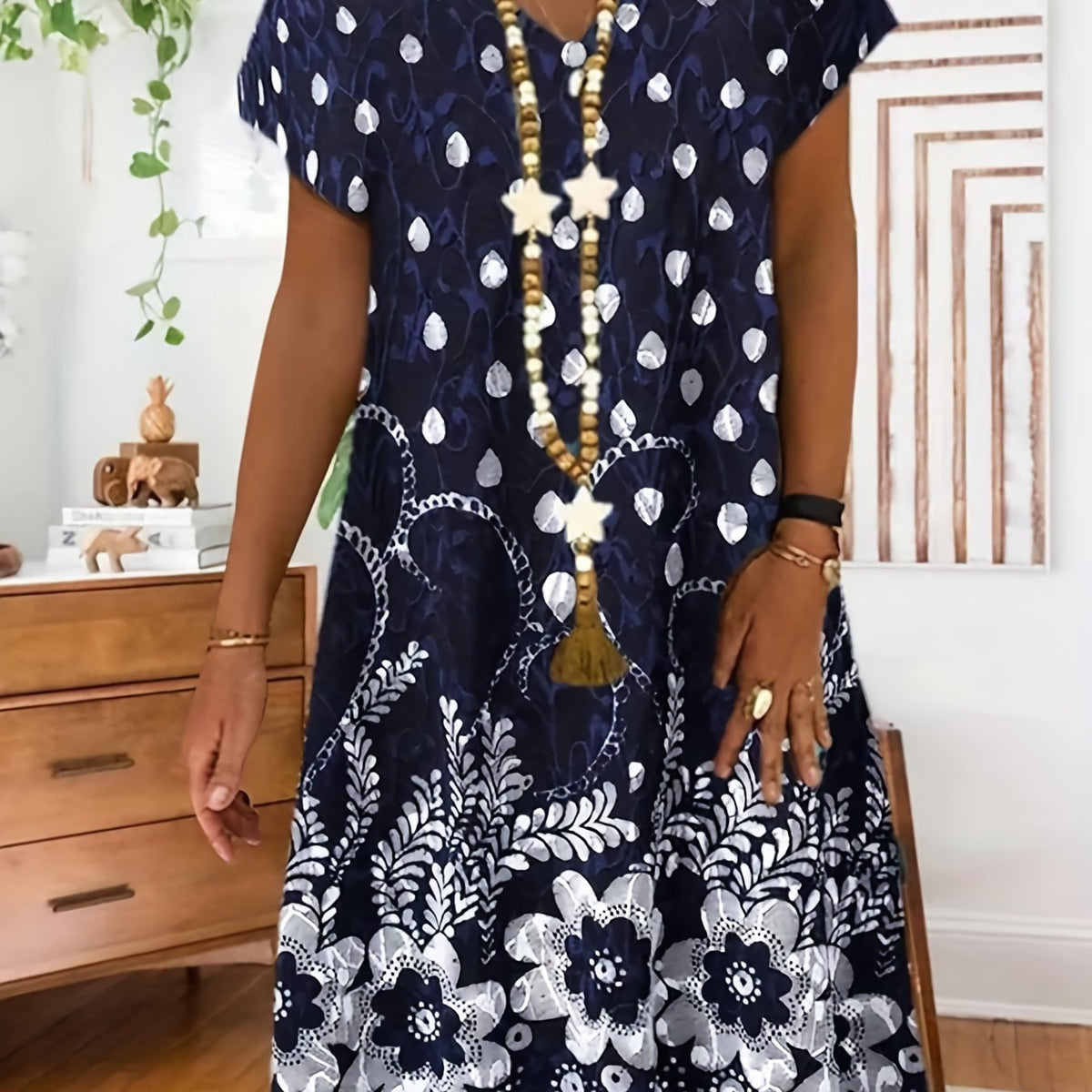  Floral Print Short Sleeve V Neck Midi Dress
