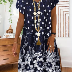  Floral Print Short Sleeve V Neck Midi Dress