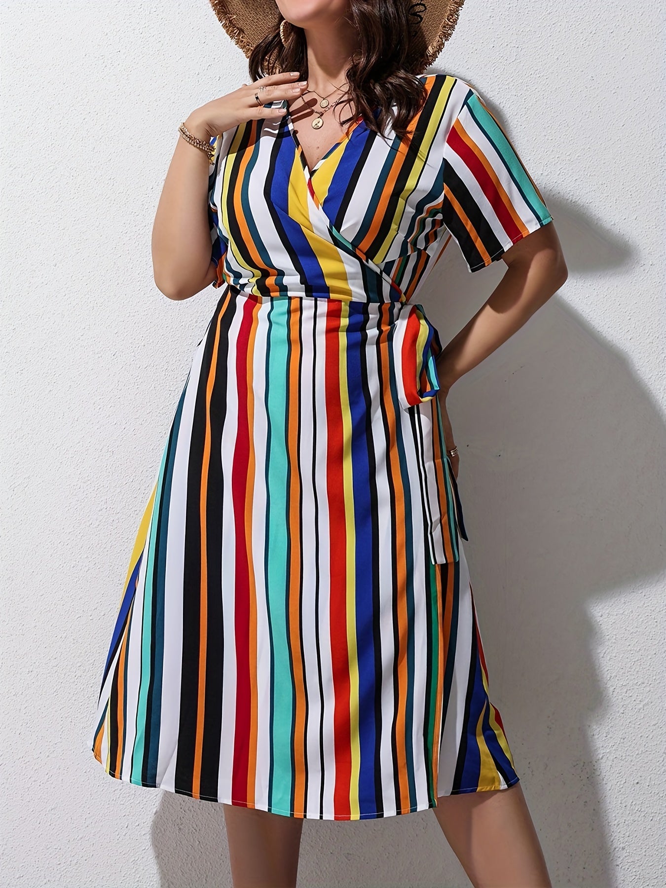  Colorful Stripe Print Short Sleeve Dress With Belt