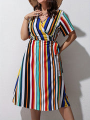  Colorful Stripe Print Short Sleeve Dress With Belt