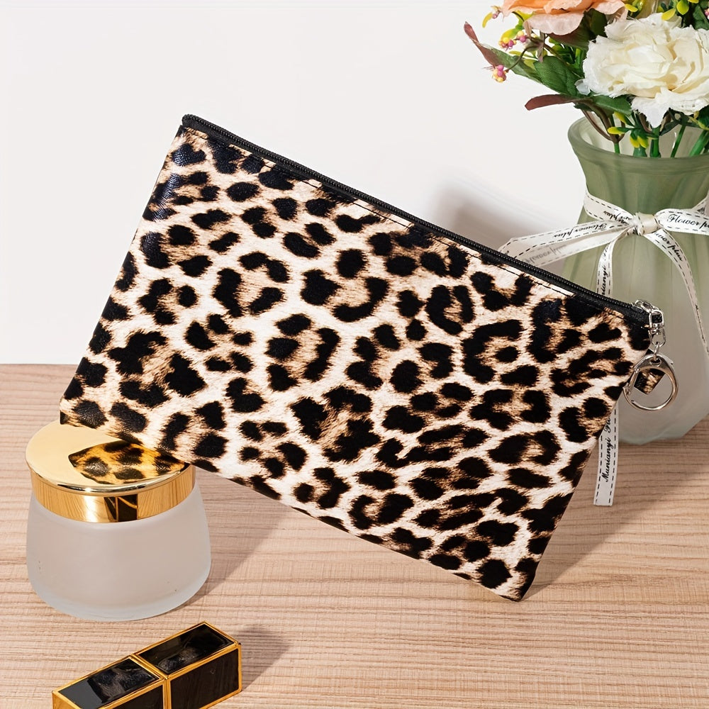 Leopard Print Cosmetic Bag Women Zipper Makeup Pouch Keychain Travel Organizer
