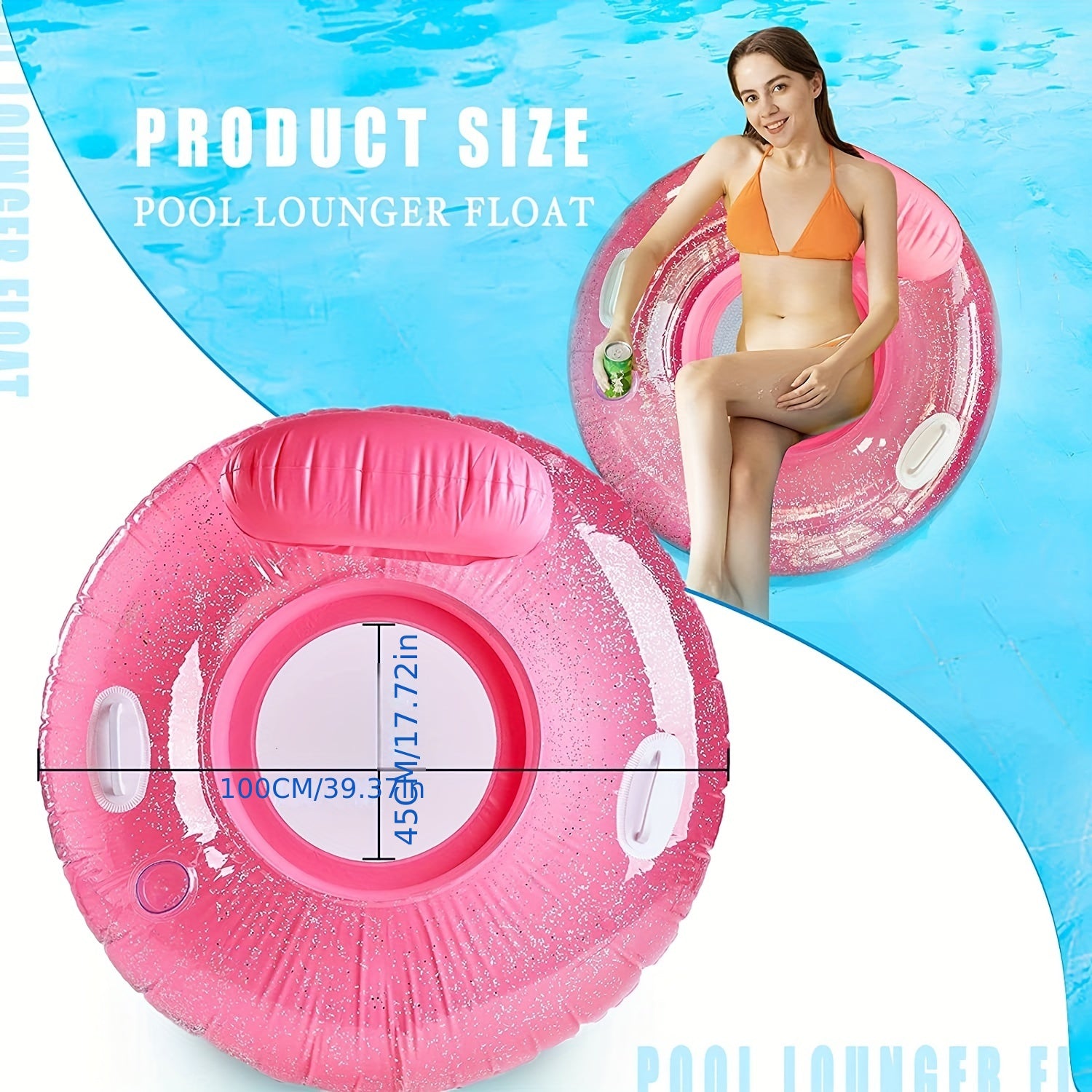 Inflatable Glitter Raft Pool Float with Cup Holder, Handles - 40 inches