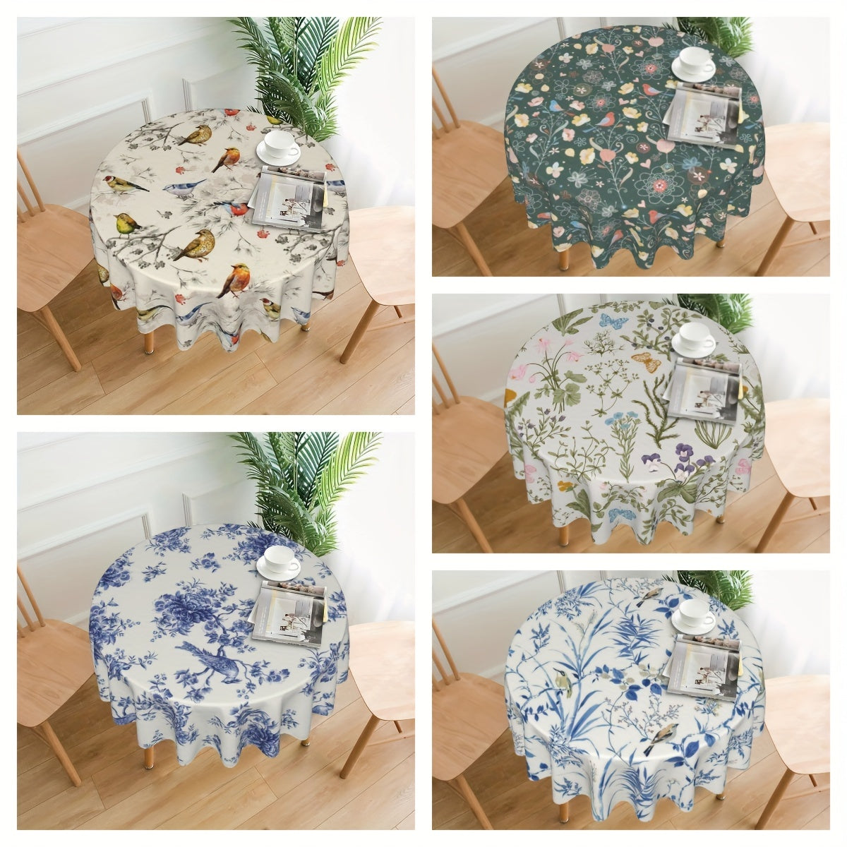 Colorful Bird Round Tablecloth Bohemian Design Stain/Water/Wrinkle Resistant